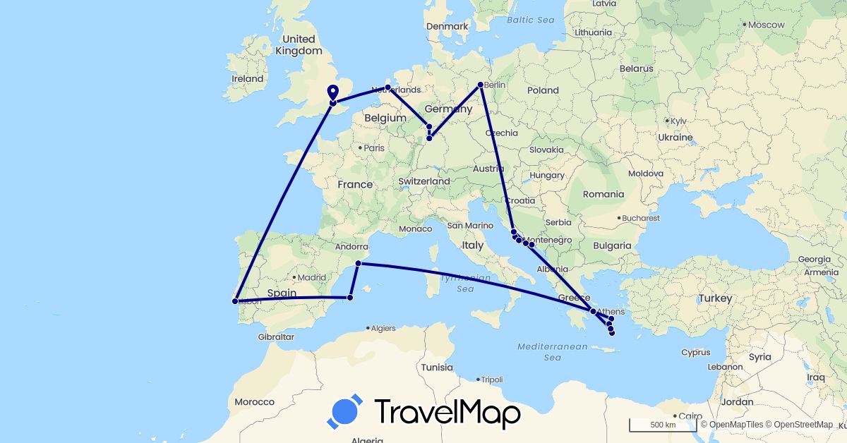TravelMap itinerary: driving in Germany, Spain, United Kingdom, Greece, Croatia, Netherlands, Portugal (Europe)